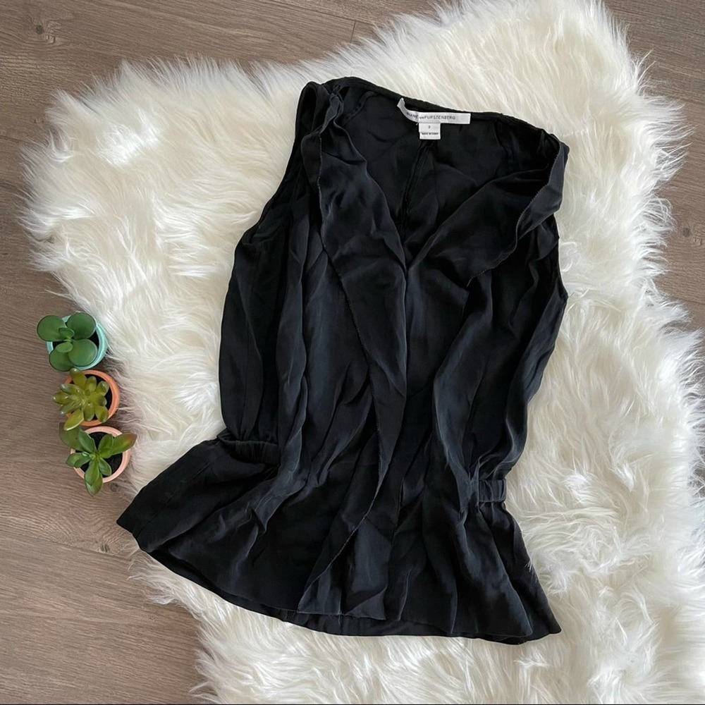 Diane Von Furstenberg Bahar Silk Black Ruffle V Neck Blouse @angcarrion126